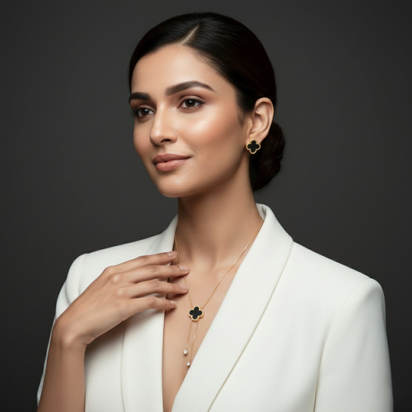 Black Clover Gold Plated Necklace & Earrings Set | Lightweight Lariat Jewellery for Women