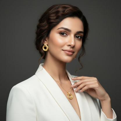 Gold Plated Necklace Earrings Set for Women | Circular Pendant Chain | Lightweight Jewellery for Office Party Wedding | Elegant Gift for Her