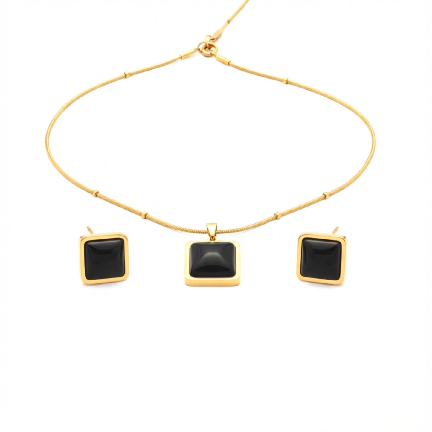 Black Square Stone Necklace Earrings Set for Women | Lightweight Gold Plated Jewellery | Premium Minimal Design for Office Party Daily Wear | Matching Pendant Stud Set