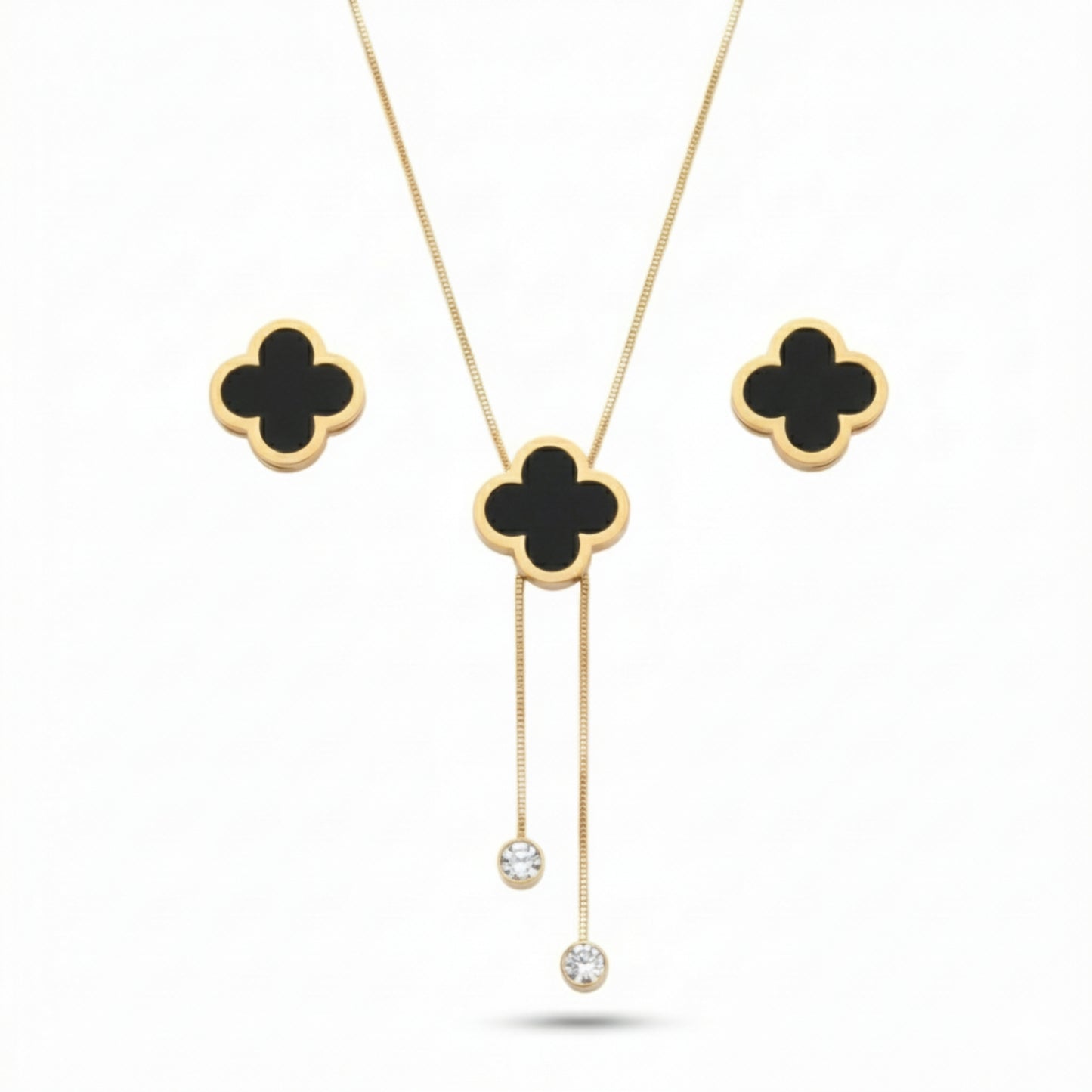 Black Clover Gold Plated Necklace & Earrings Set | Lightweight Lariat Jewellery for Women