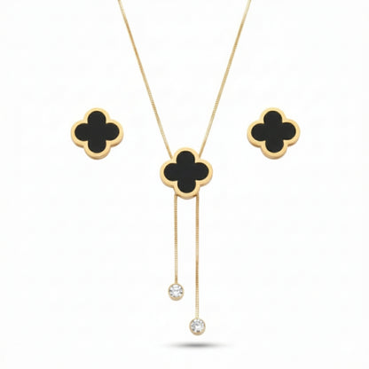 Black Clover Gold Plated Necklace & Earrings Set | Lightweight Lariat Jewellery for Women