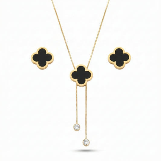 Black Clover Gold Plated Necklace & Earrings Set | Lightweight Lariat Jewellery for Women