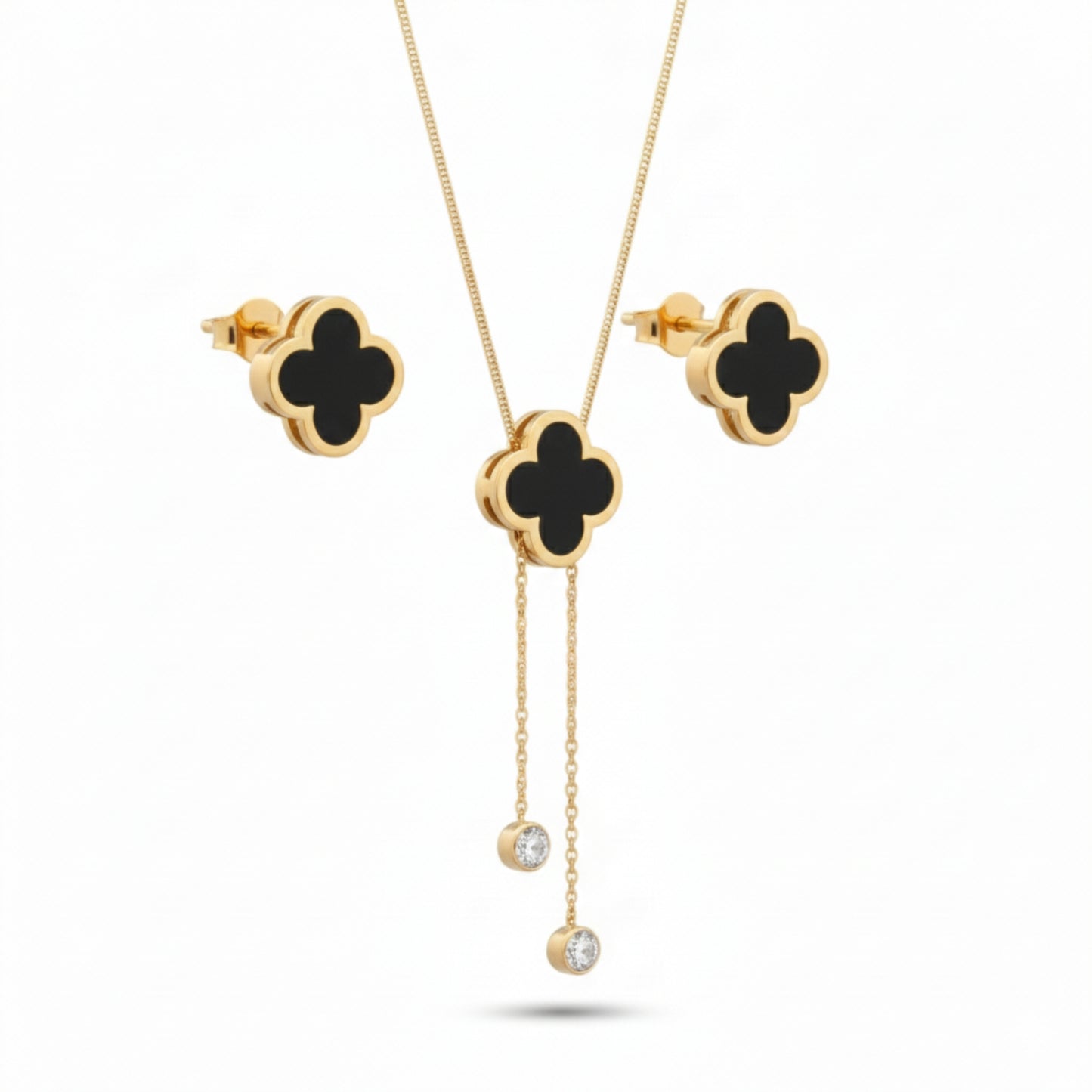 Black Clover Gold Plated Necklace & Earrings Set | Lightweight Lariat Jewellery for Women