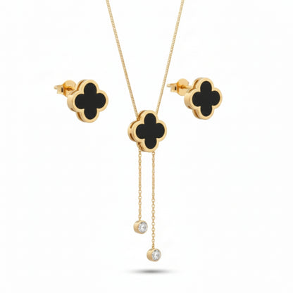 Black Clover Gold Plated Necklace & Earrings Set | Lightweight Lariat Jewellery for Women