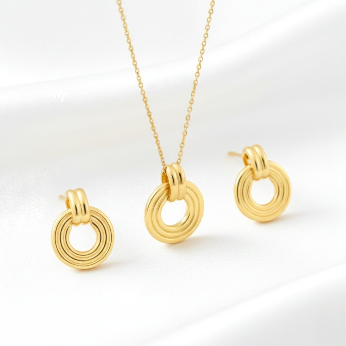 Gold Plated Necklace Earrings Set for Women | Circular Pendant Chain | Lightweight Jewellery for Office Party Wedding | Elegant Gift for Her