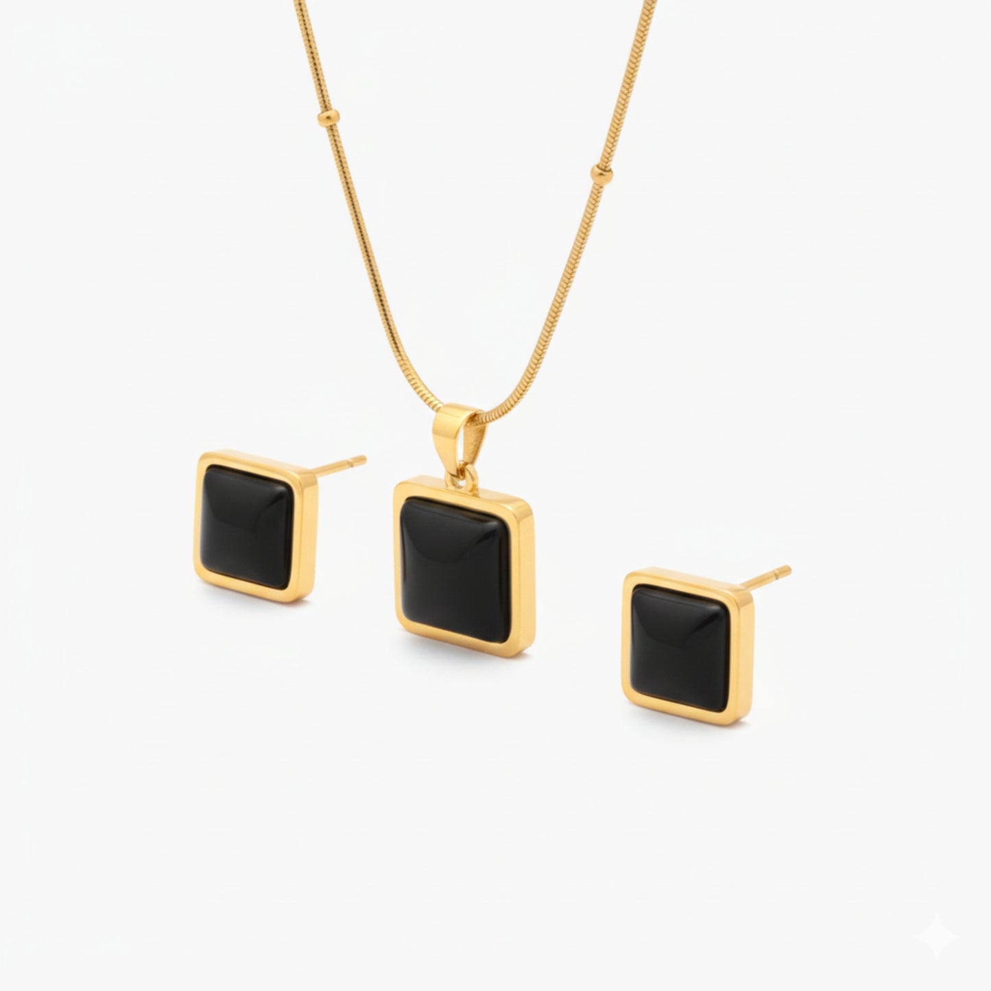 Black Square Stone Necklace Earrings Set for Women | Lightweight Gold Plated Jewellery | Premium Minimal Design for Office Party Daily Wear | Matching Pendant Stud Set