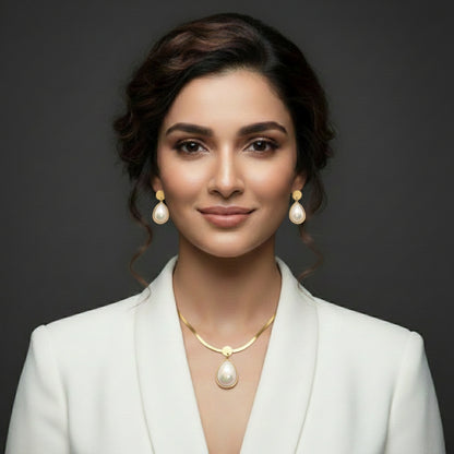 Pearl Necklace and Earrings Set for Women - Lightweight Gold Plated Jewellery - Ethnic Western Formal Wear - Perfect for Office Party Wedding Gifting