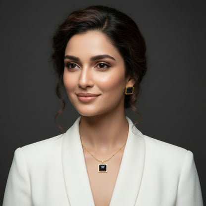 Black Square Stone Necklace Earrings Set for Women | Lightweight Gold Plated Jewellery | Premium Minimal Design for Office Party Daily Wear | Matching Pendant Stud Set