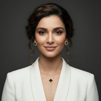 Black Clover Gold Plated Necklace & Earrings Set | Lightweight Lariat Jewellery for Women