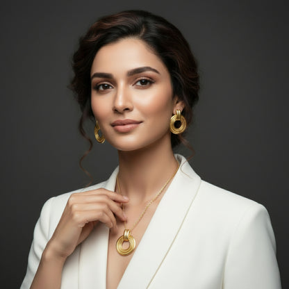 Gold Plated Necklace Earrings Set for Women | Circular Pendant Chain | Lightweight Jewellery for Office Party Wedding | Elegant Gift for Her
