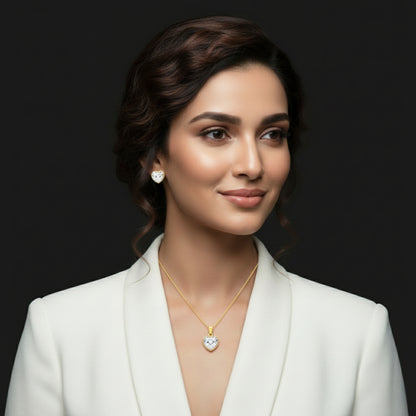 Premium Heart Pendant Necklace & Earrings Set for Women | Gold-Tone CZ Crystal Jewellery | Lightweight & Comfortable | Perfect for Daily Wear & Gifting