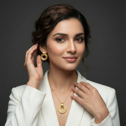 Gold Plated Necklace Earrings Set for Women | Circular Pendant Chain | Lightweight Jewellery for Office Party Wedding | Elegant Gift for Her