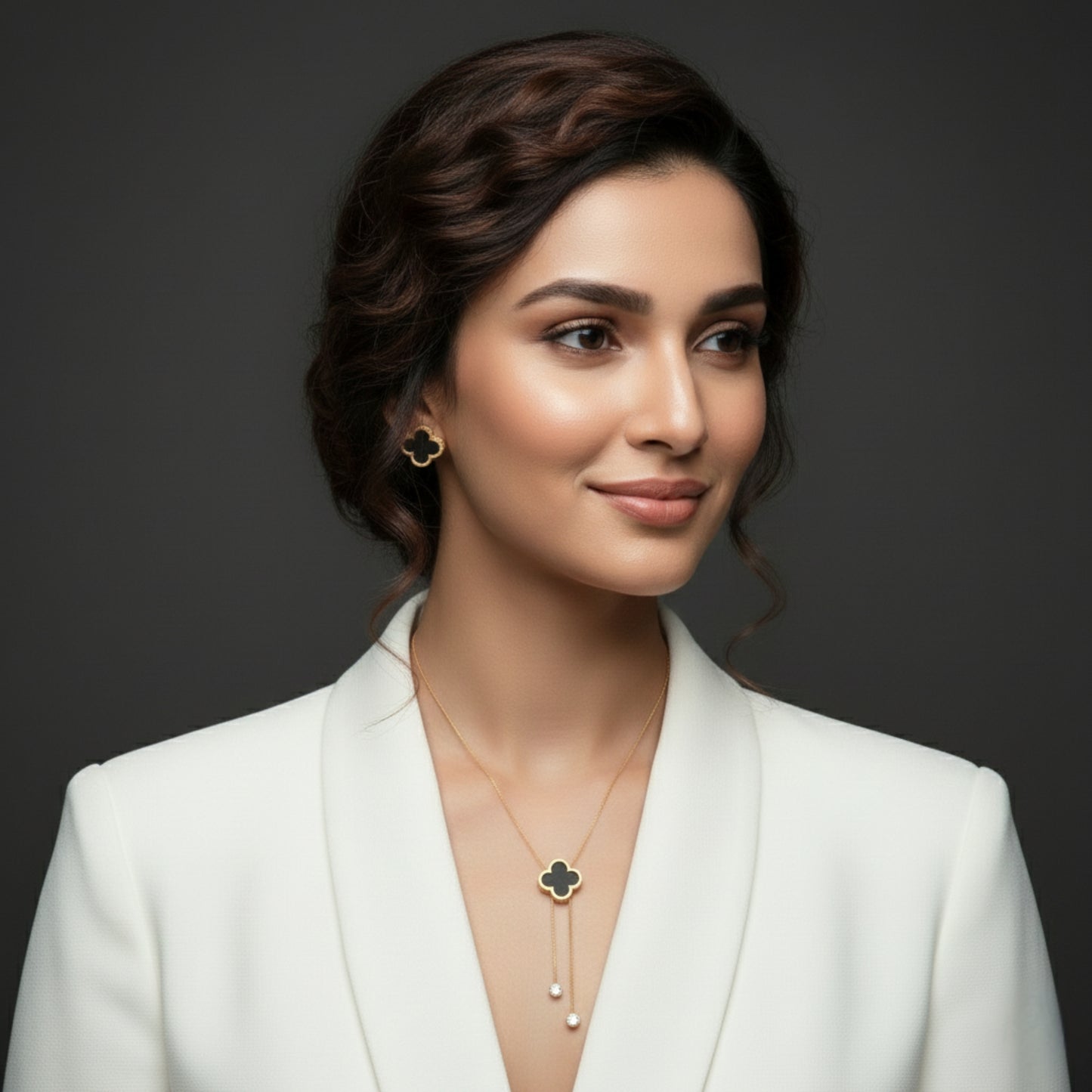 Black Clover Gold Plated Necklace & Earrings Set | Lightweight Lariat Jewellery for Women