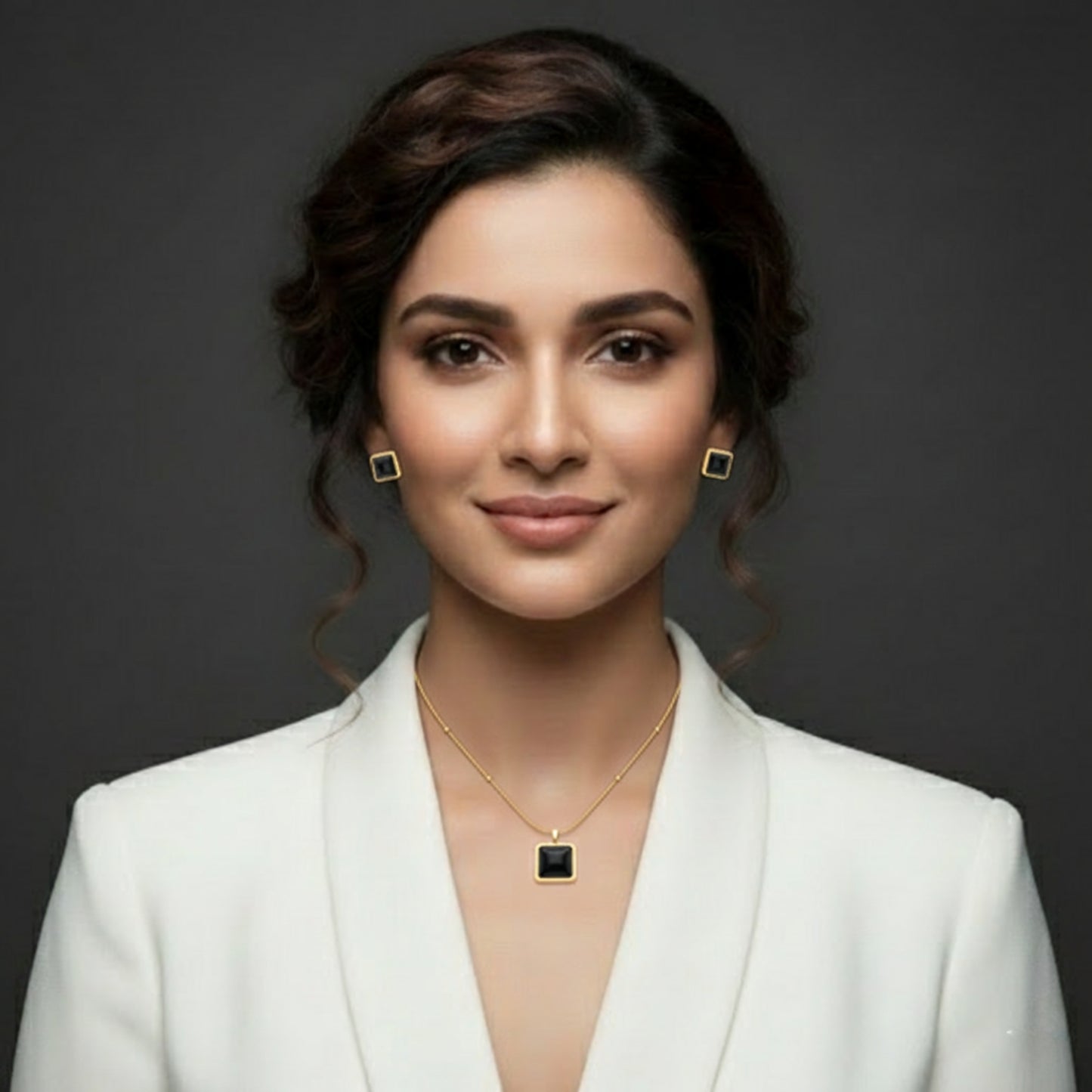 Black Square Stone Necklace Earrings Set for Women | Lightweight Gold Plated Jewellery | Premium Minimal Design for Office Party Daily Wear | Matching Pendant Stud Set