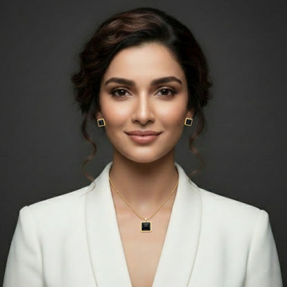 Black Square Stone Necklace Earrings Set for Women | Lightweight Gold Plated Jewellery | Premium Minimal Design for Office Party Daily Wear | Matching Pendant Stud Set