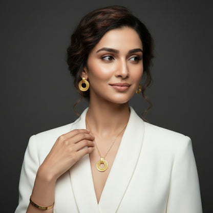 Gold Plated Necklace Earrings Set for Women | Circular Pendant Chain | Lightweight Jewellery for Office Party Wedding | Elegant Gift for Her