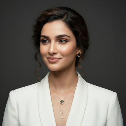 Black Clover Gold Plated Necklace & Earrings Set | Lightweight Lariat Jewellery for Women