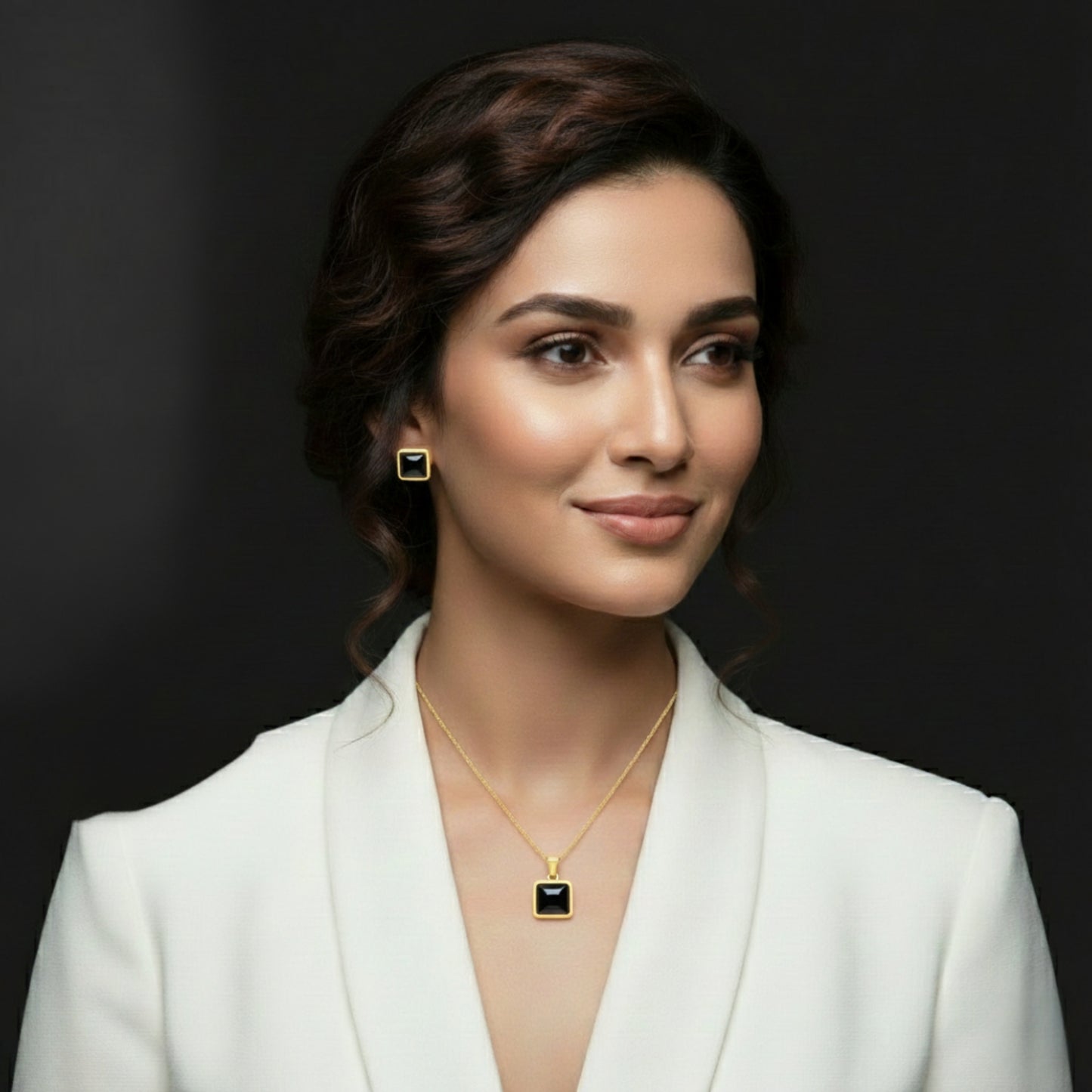 Black Square Stone Necklace Earrings Set for Women | Lightweight Gold Plated Jewellery | Premium Minimal Design for Office Party Daily Wear | Matching Pendant Stud Set