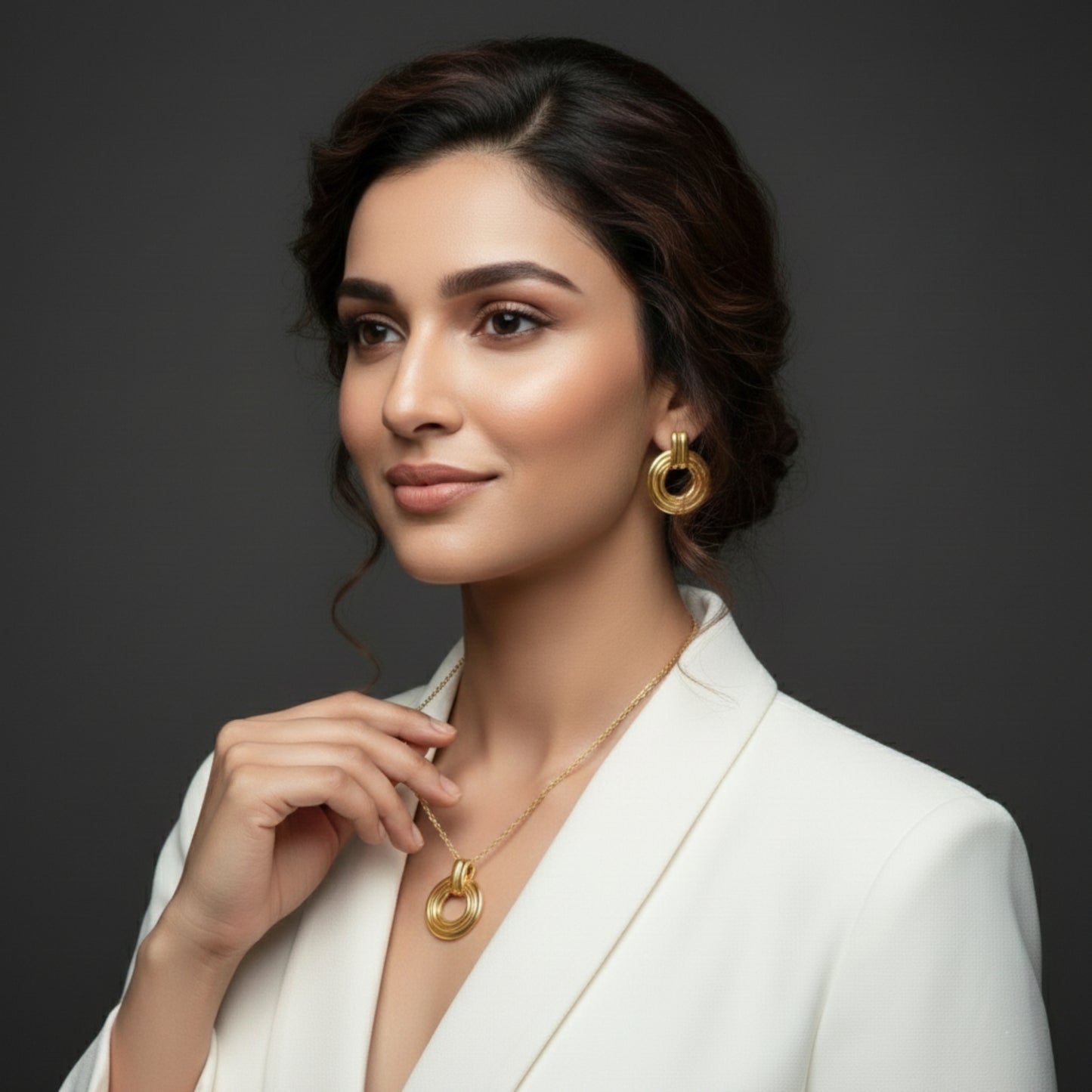 Gold Plated Necklace Earrings Set for Women | Circular Pendant Chain | Lightweight Jewellery for Office Party Wedding | Elegant Gift for Her