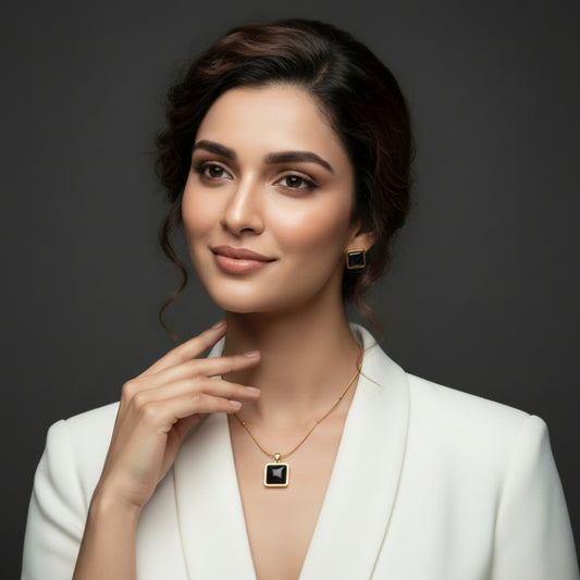 Black Square Stone Necklace Earrings Set for Women | Lightweight Gold Plated Jewellery | Premium Minimal Design for Office Party Daily Wear | Matching Pendant Stud Set