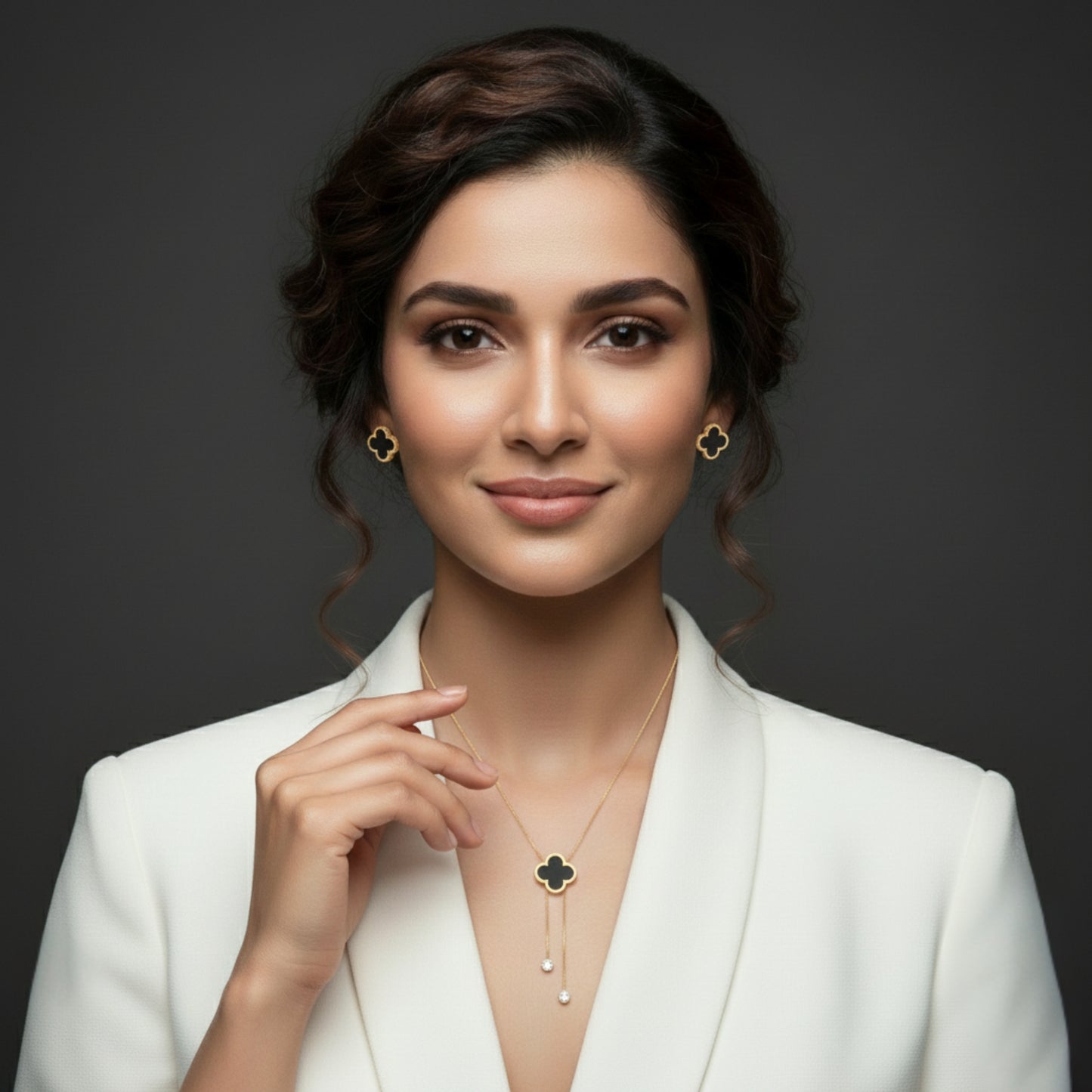 Black Clover Gold Plated Necklace & Earrings Set | Lightweight Lariat Jewellery for Women