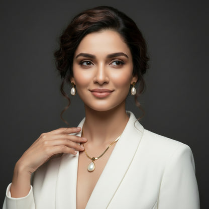 Pearl Necklace and Earrings Set for Women - Lightweight Gold Plated Jewellery - Ethnic Western Formal Wear - Perfect for Office Party Wedding Gifting