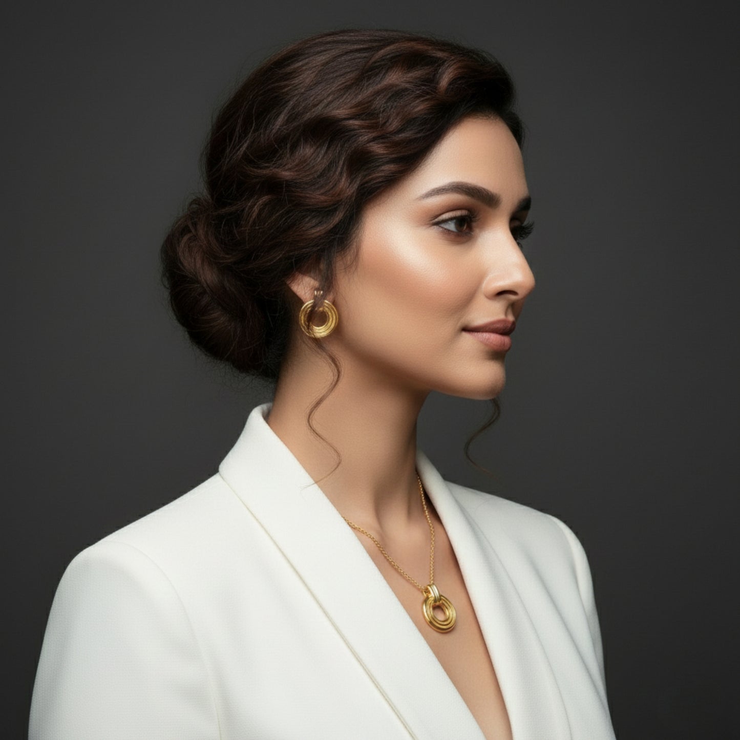 Gold Plated Necklace Earrings Set for Women | Circular Pendant Chain | Lightweight Jewellery for Office Party Wedding | Elegant Gift for Her