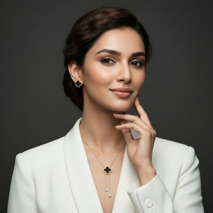 Black Clover Gold Plated Necklace & Earrings Set | Lightweight Lariat Jewellery for Women