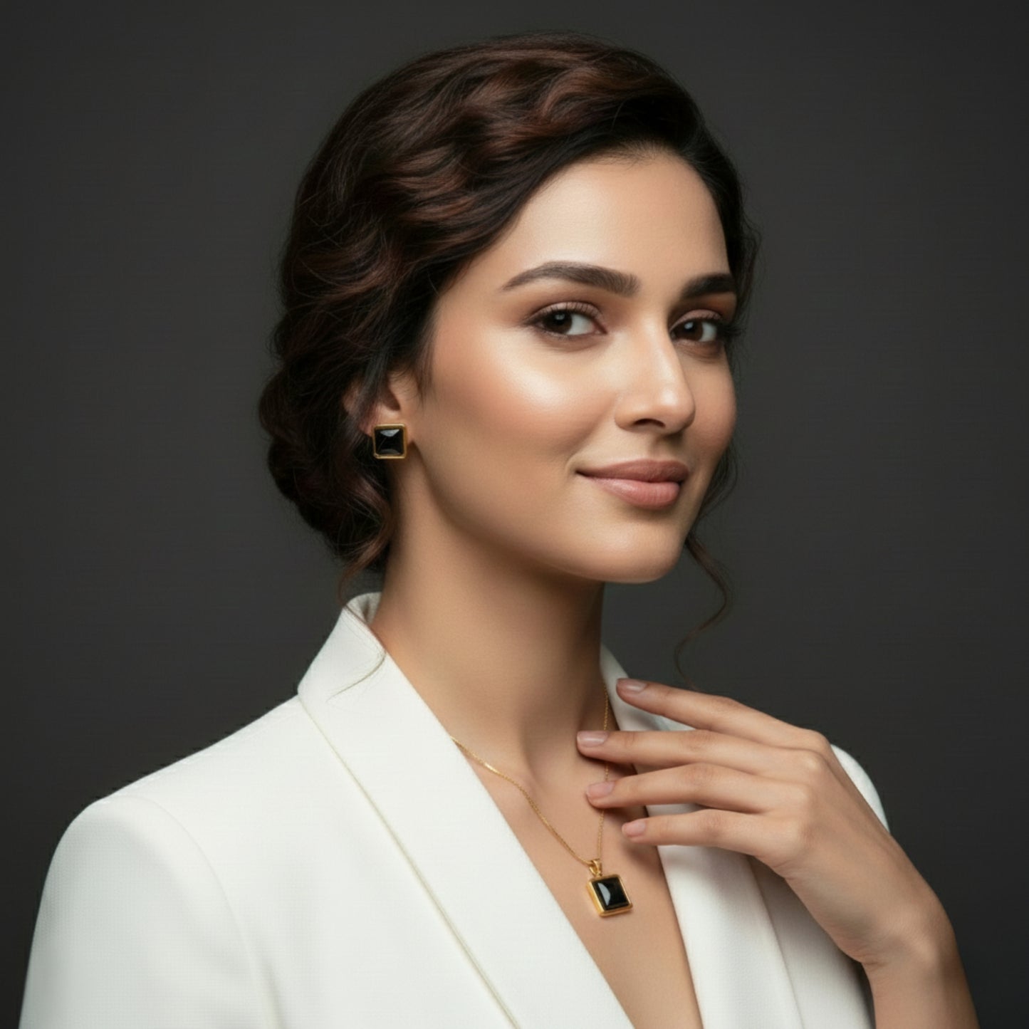 Black Square Stone Necklace Earrings Set for Women | Lightweight Gold Plated Jewellery | Premium Minimal Design for Office Party Daily Wear | Matching Pendant Stud Set