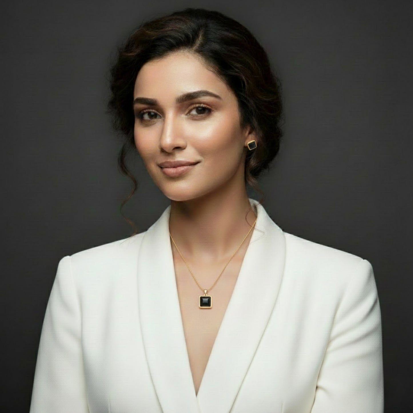 Black Square Stone Necklace Earrings Set for Women | Lightweight Gold Plated Jewellery | Premium Minimal Design for Office Party Daily Wear | Matching Pendant Stud Set