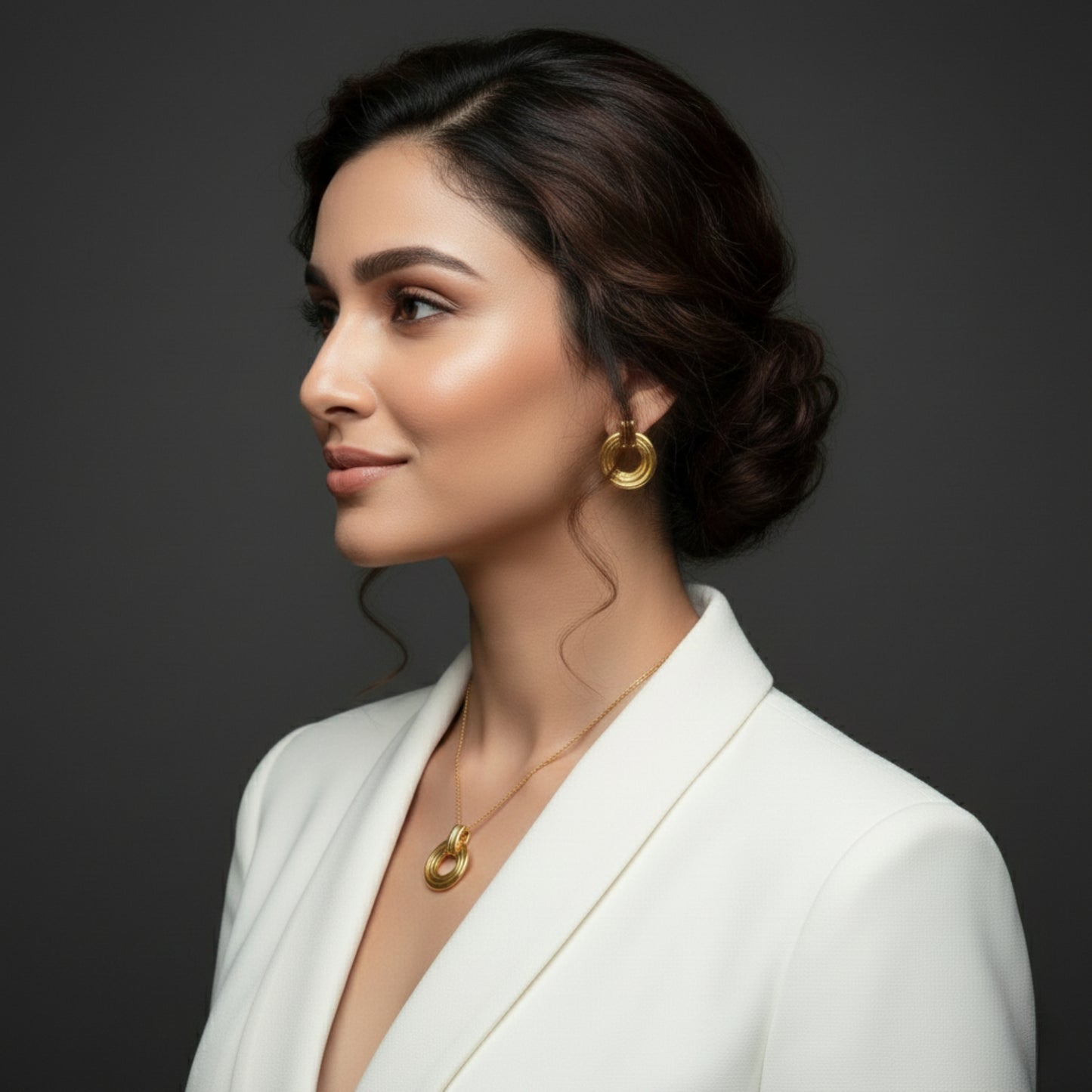 Gold Plated Necklace Earrings Set for Women | Circular Pendant Chain | Lightweight Jewellery for Office Party Wedding | Elegant Gift for Her