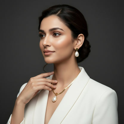 Pearl Necklace and Earrings Set for Women - Lightweight Gold Plated Jewellery - Ethnic Western Formal Wear - Perfect for Office Party Wedding Gifting