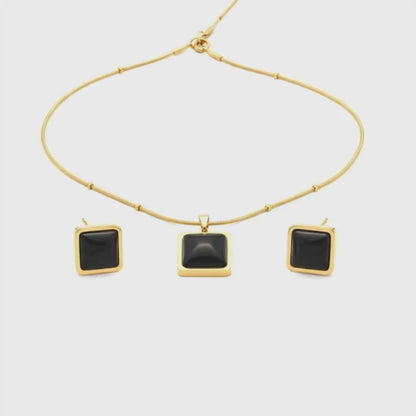 Black Square Stone Necklace Earrings Set for Women | Lightweight Gold Plated Jewellery | Premium Minimal Design for Office Party Daily Wear | Matching Pendant Stud Set